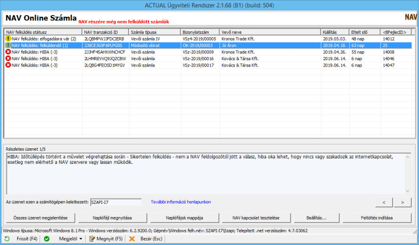 NAV Online Számla - NAV részére még fel nem küldött számlák