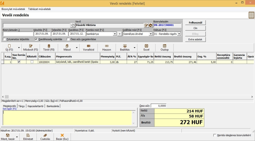 Vevői rendelés felviteli ablak