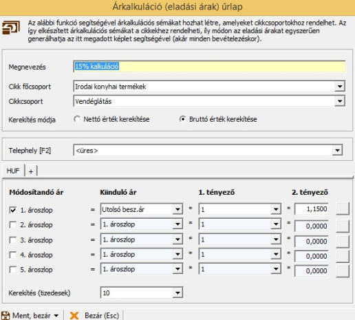 Árkalkuláció felvitel