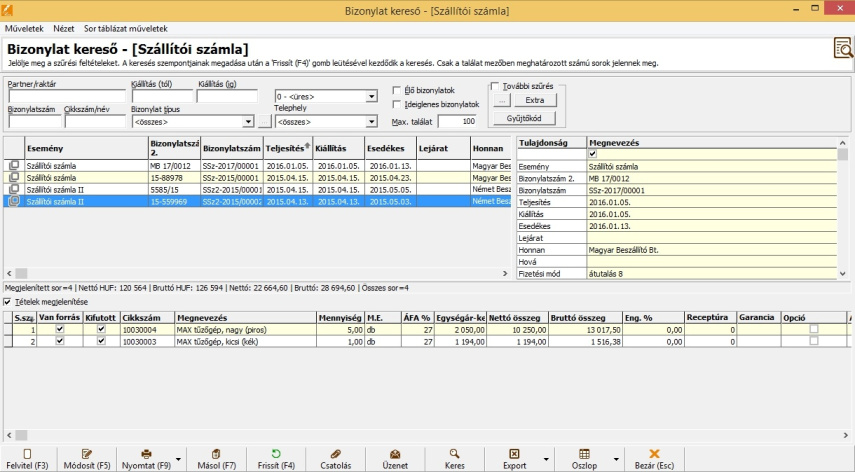 Bejövő számla kereső