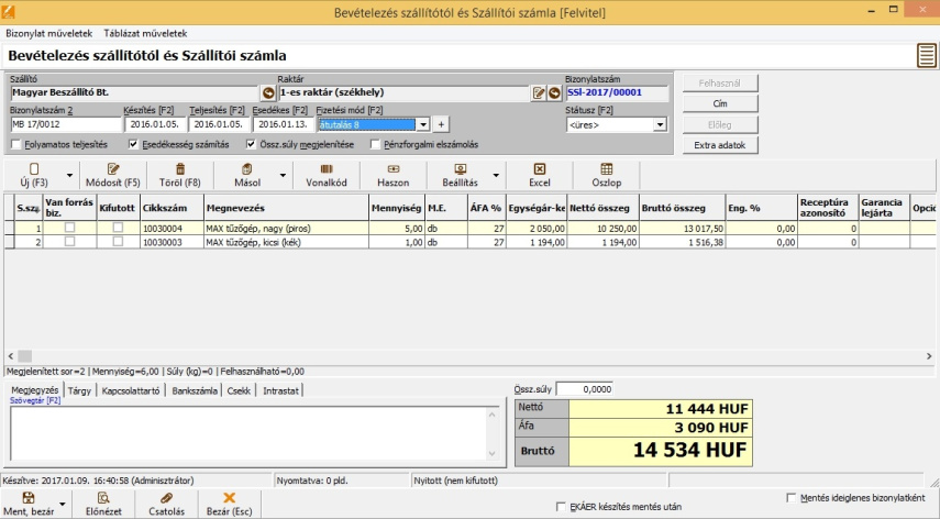 Bevételezés és bejövő számla rögzítés egyben