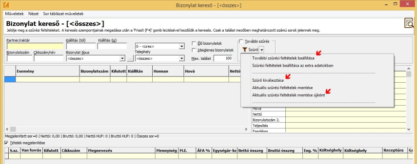 Szűrési feltételek mentése -  bizonylat kereső