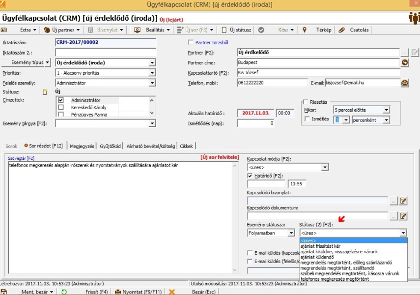 CRM modul -  felvitel státusz 2