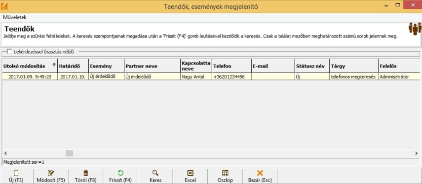 CRM modul -  riasztás ablak