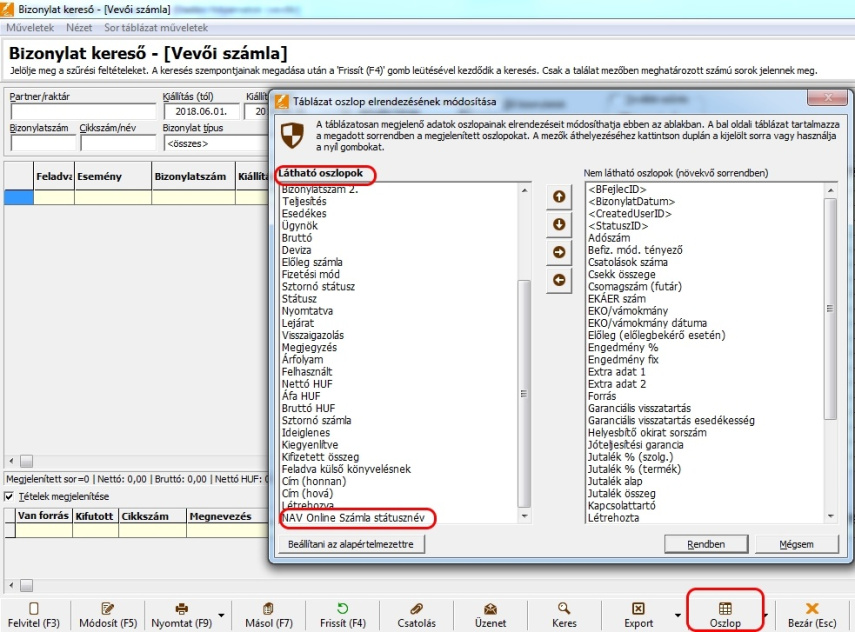 A számlák feladási állapotának kijelzése