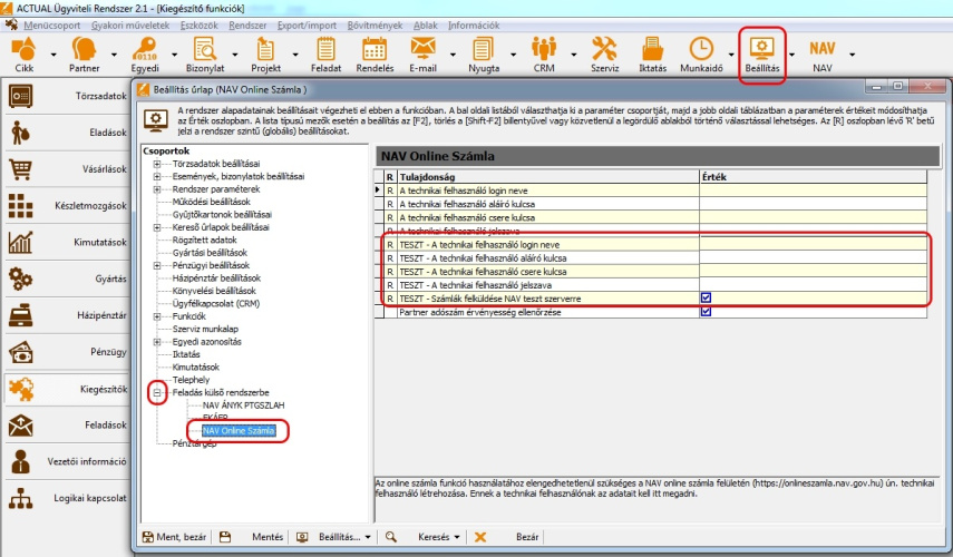 TESZT beállítások