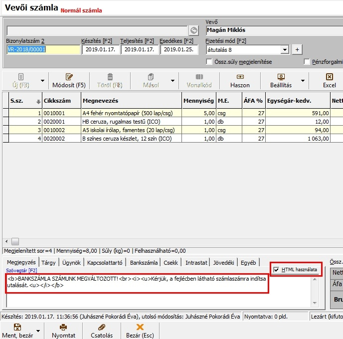 HTML megjegyzés bizonylaton 1