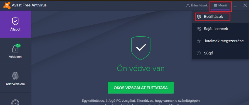 Avast beállítás - 1